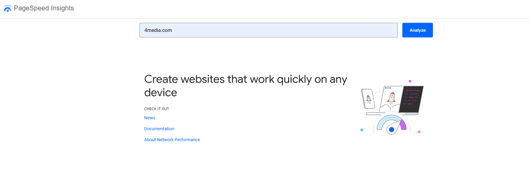 Google PageSpeed Insights interface ready to analyze 4media.com for website performance and page speed.