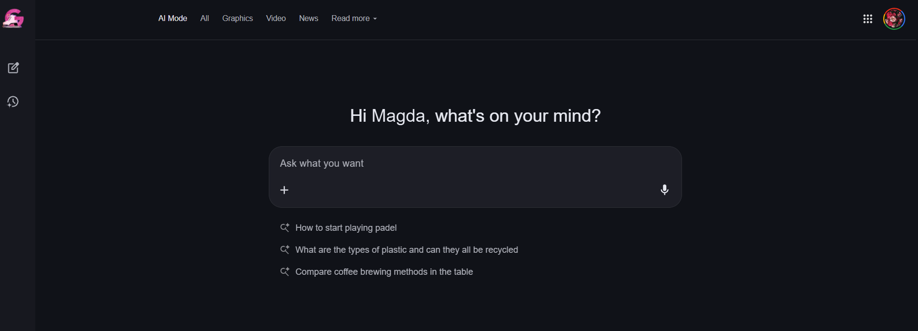 Personalized Google AI Mode dashboard featuring a minimalist conversational user interface and suggested search prompts