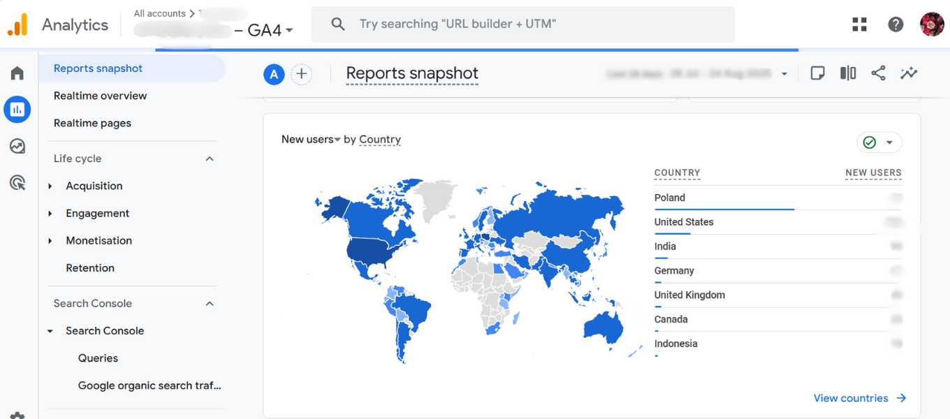 Google Analytics 4 reports snapshot featuring a world map visualization of new users distributed by country and geographic acquisition data.