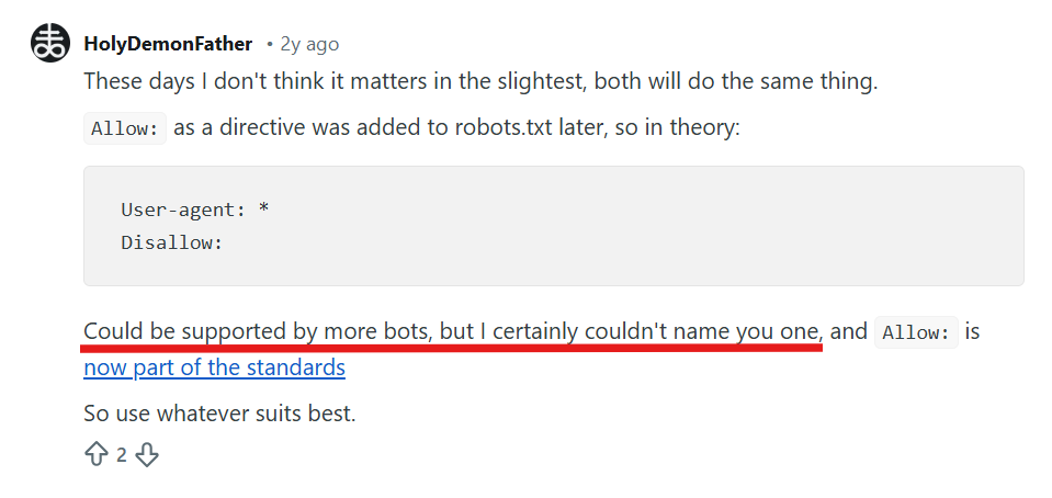 echnical discussion snippet regarding the syntax standards for 'Allow' and 'Disallow' directives within a robots.txt file.