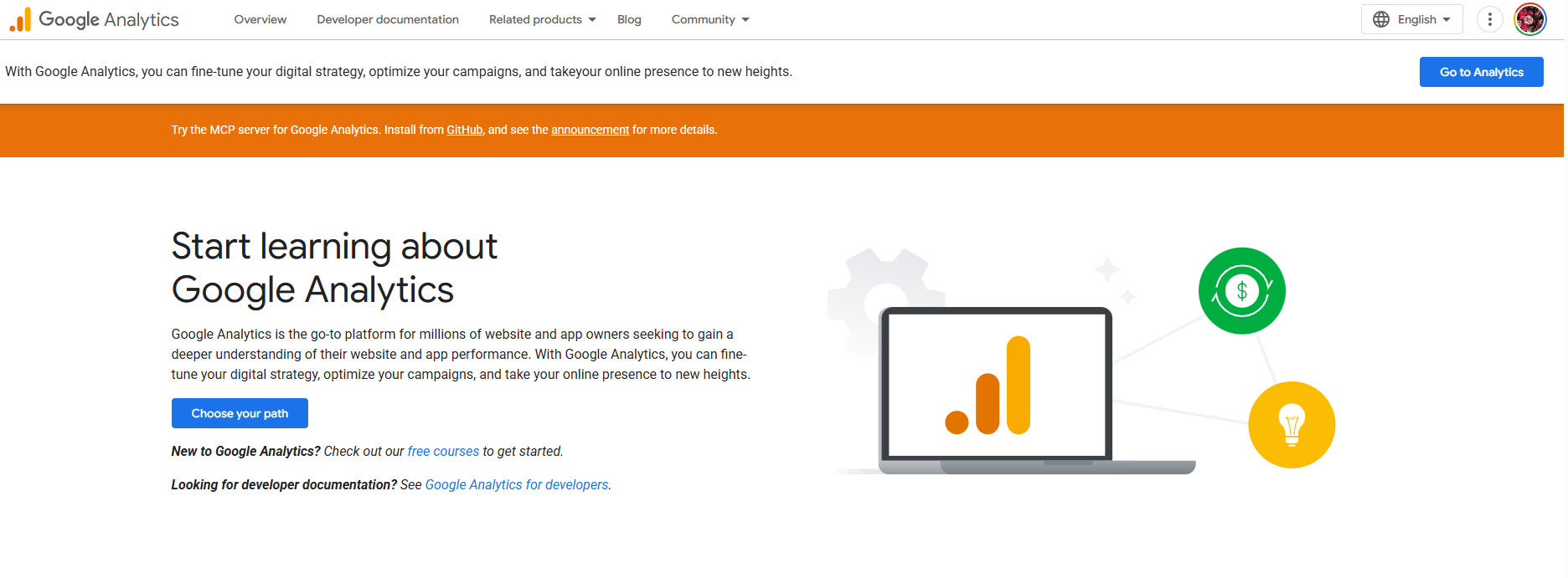 Google Analytics onboarding page titled 'Start learning about Google Analytics' with resources for optimizing digital strategy and app performance.