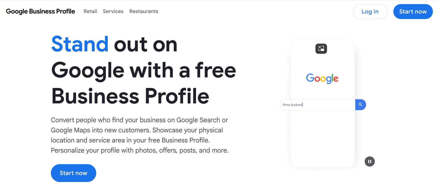 Google Business Profile onboarding page highlighting features for managing local business listings and appearance on Google Maps.