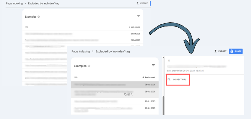 Google Search Console workflow demonstrating the use of the Inspect URL tool to diagnose individual pages listed in the 'Excluded by noindex tag' report.