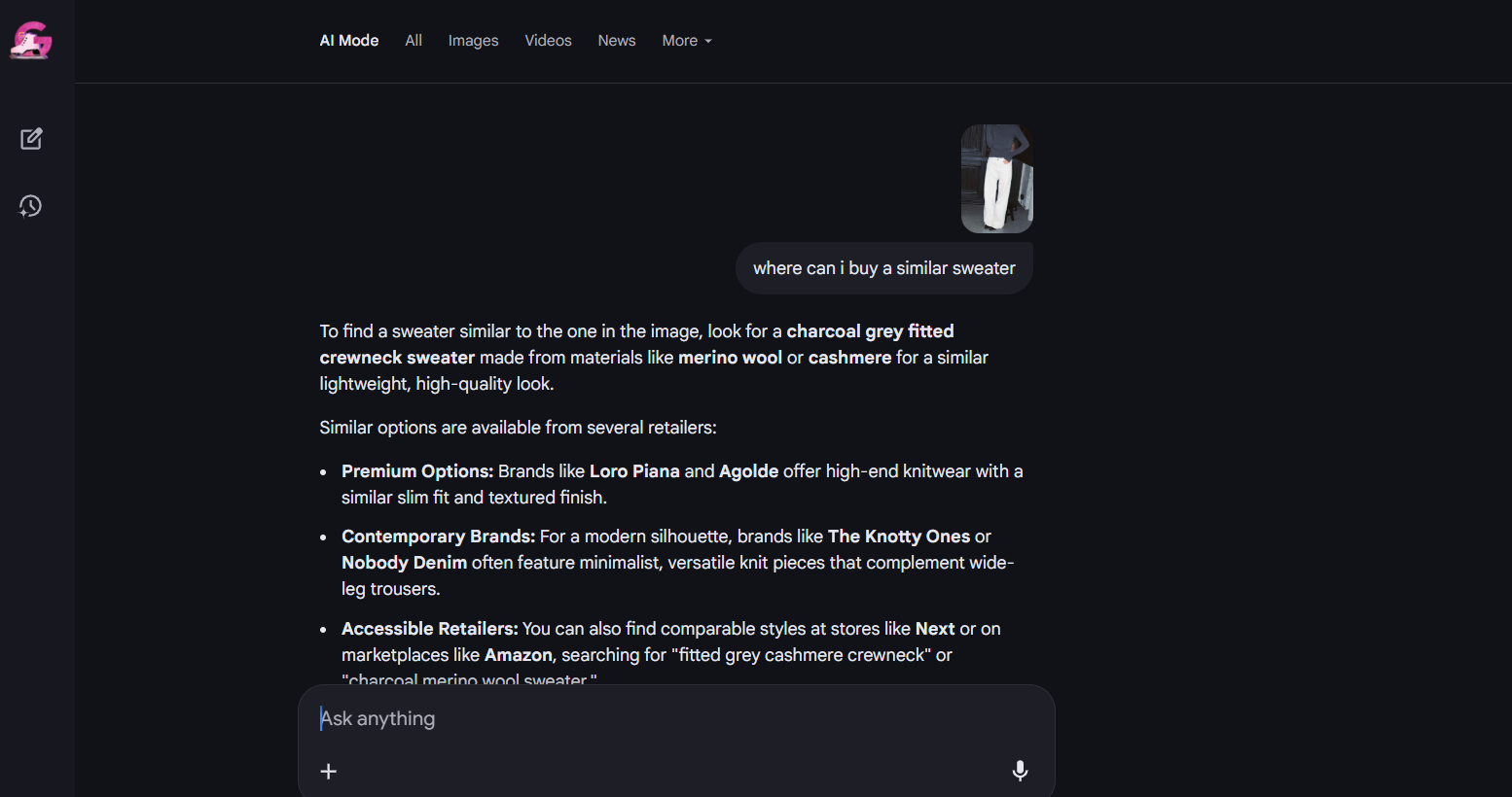 Google AI Mode visual search feature analyzing an uploaded fashion image to provide similar product recommendations and shopping links.
