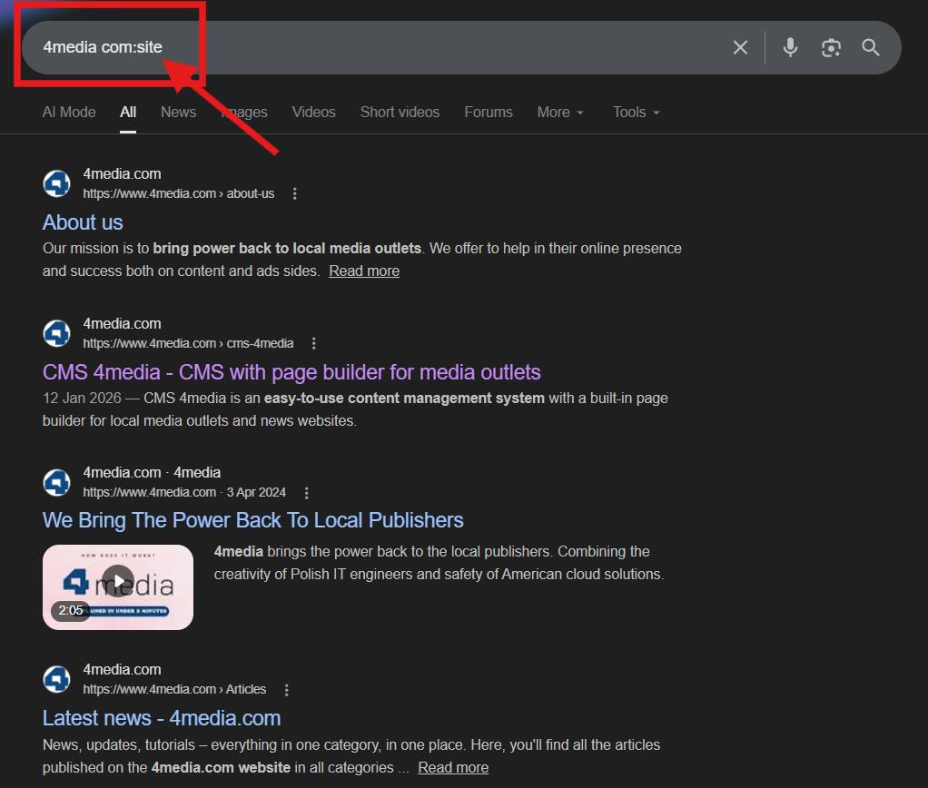 Google Search results demonstrating the use of the 'site:' search operator to audit the indexed pages of a specific domain.