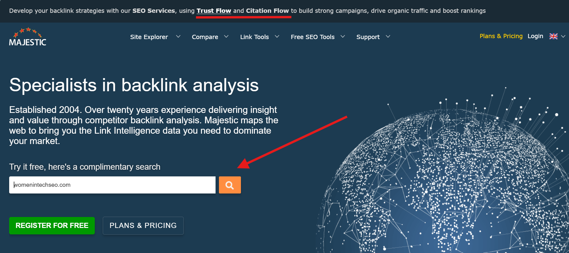 Majestic SEO tool homepage featuring the backlink analysis search bar and emphasizing Trust Flow and Citation Flow metrics.
