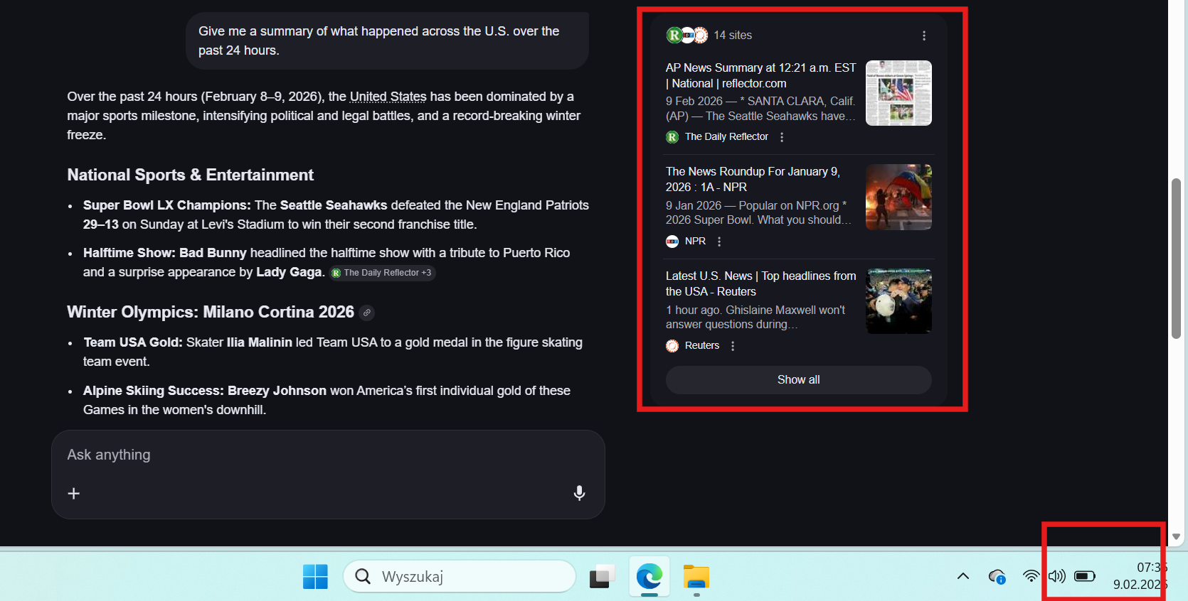 Google AI Mode interface displaying a comprehensive news summary of U.S. events with integrated media sources and citations.