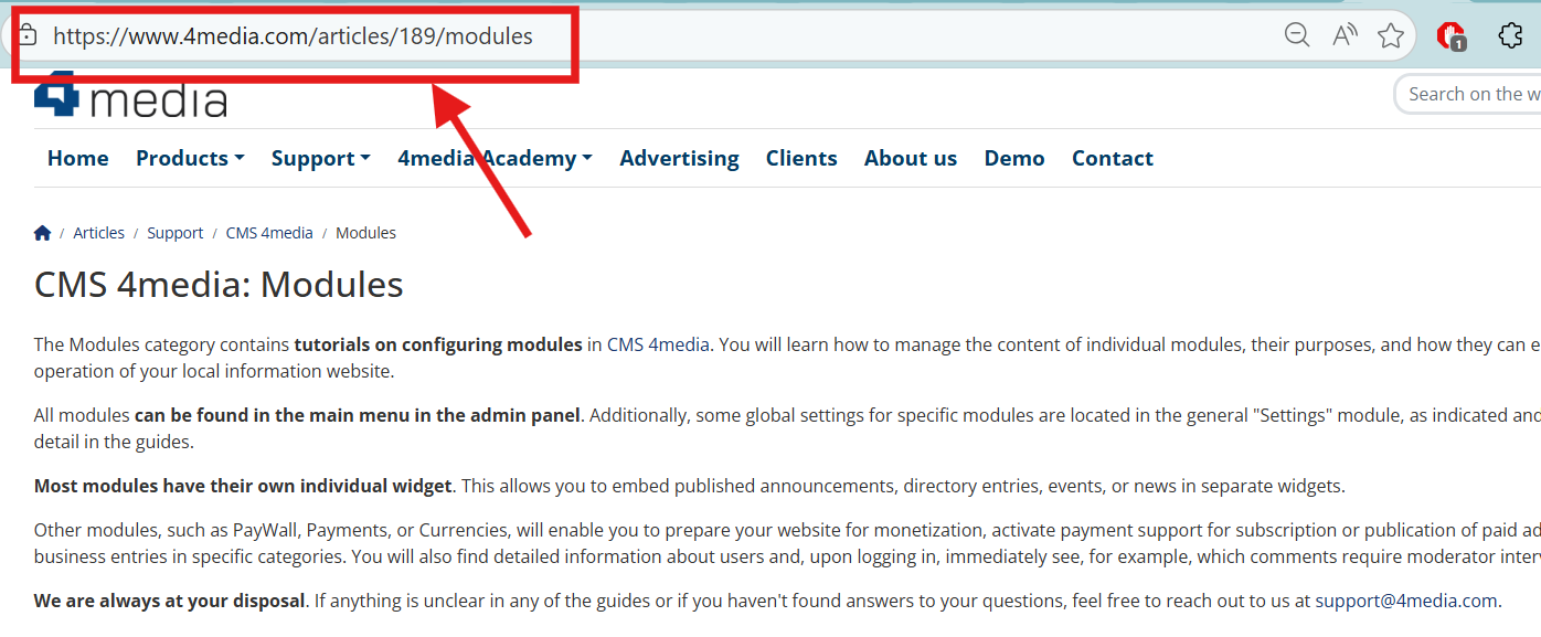 Browser address bar showing an example of a clean and hierarchical SEO-friendly URL structure on the 4media website.