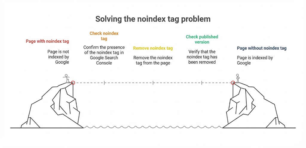 Visual diagram explaining the process of diagnosing and removing the 'noindex' meta tag to resolve Google indexing issues.