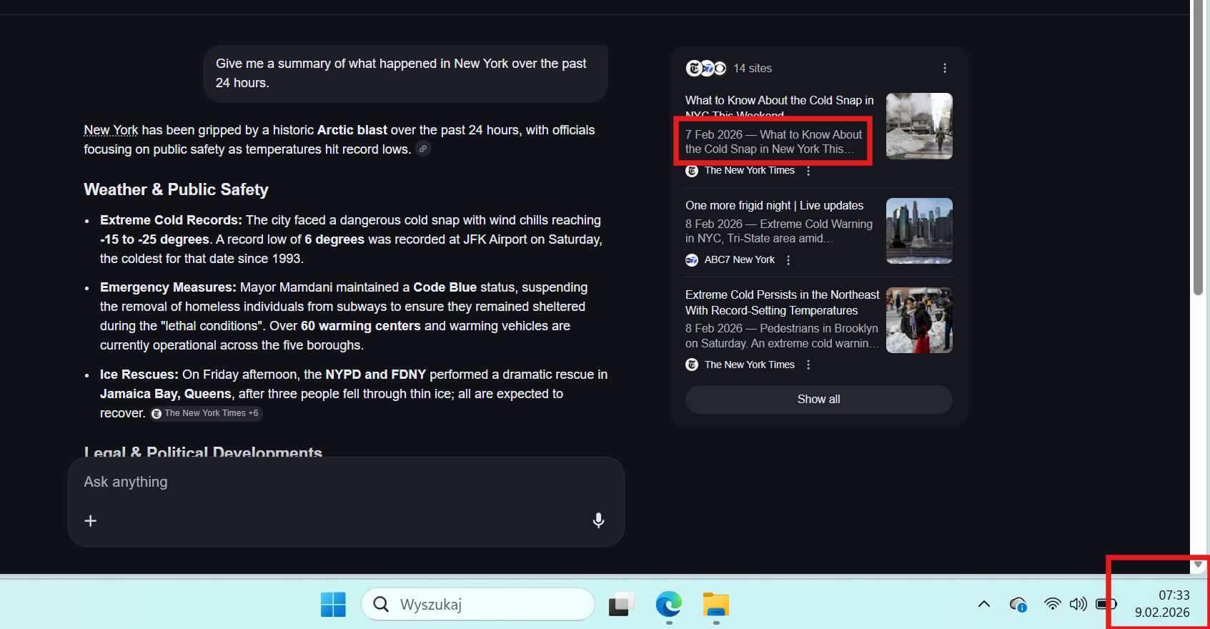 Google AI Mode search results providing a structured summary of local New York news, weather alerts, and public safety updates.