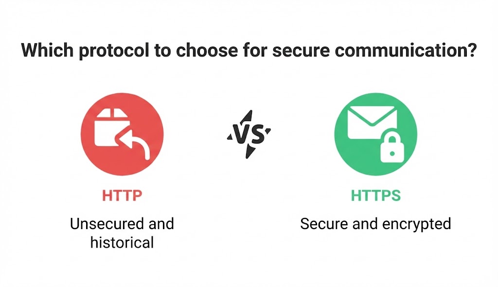 Infographic comparing HTTP versus HTTPS protocols illustrating the difference between unsecured and encrypted web communication.