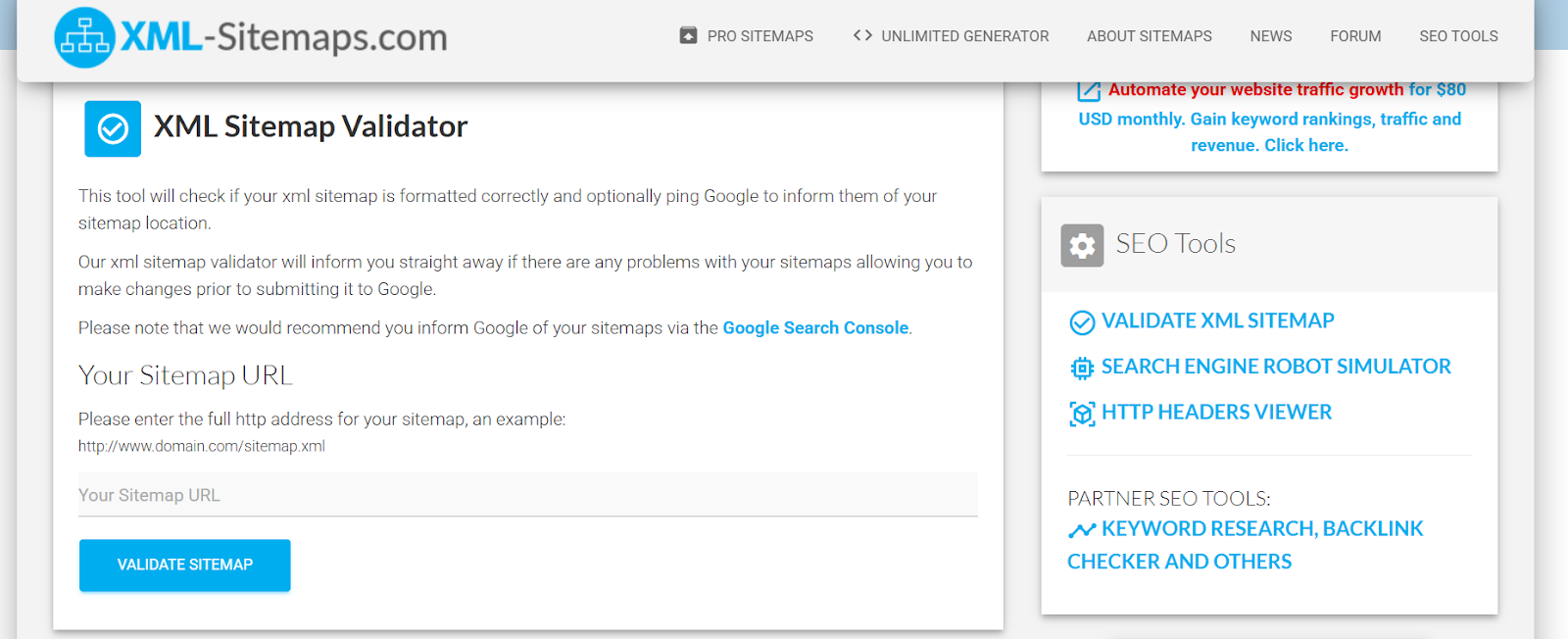 XML Sitemap Validator tool interface allowing users to input a URL to check for formatting errors before submission to search engines.