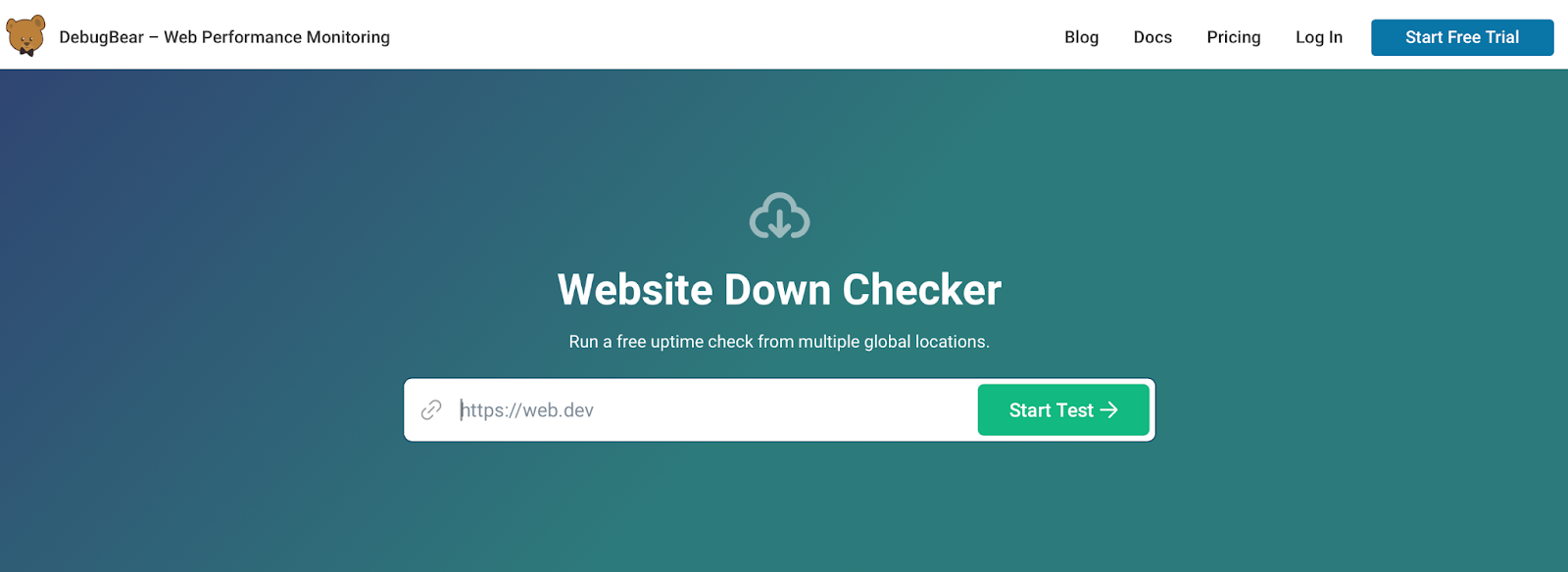 Interfejs narzędzia DebugBear Website Down Checker służącego do testowania dostępności strony internetowej z wielu globalnych lokalizacji.