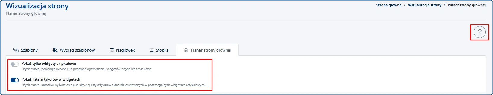 podstawowe ustawienia planera strony głównej