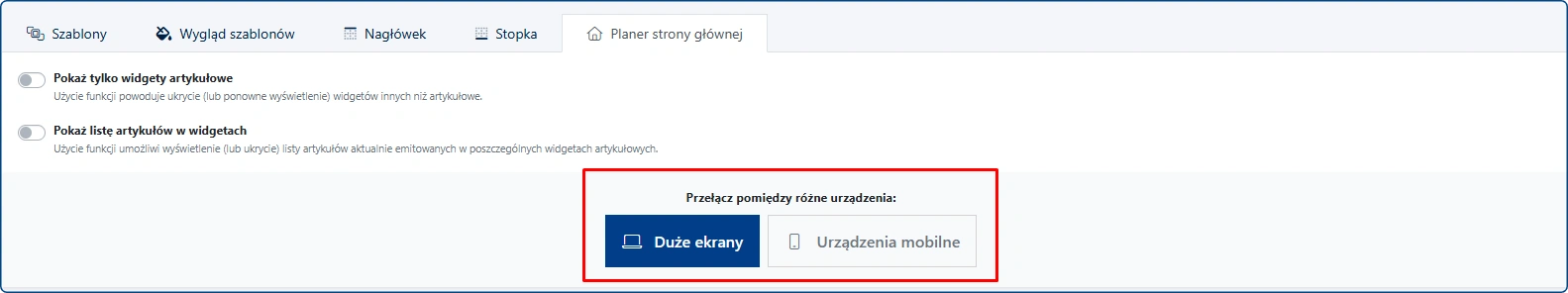 planer strony głównej przełączanie widoków między różne urządzenia
