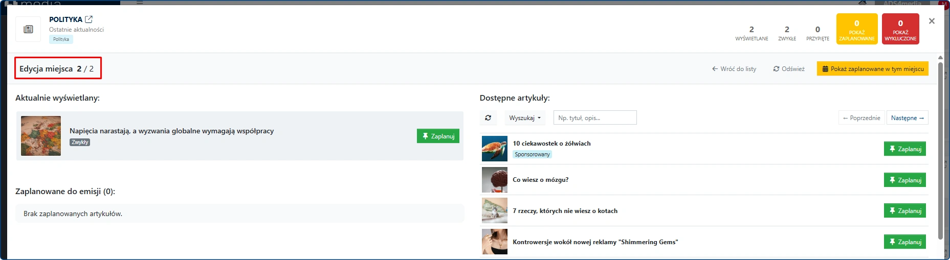 Podgąd funkcjonalności planera - okno pop up