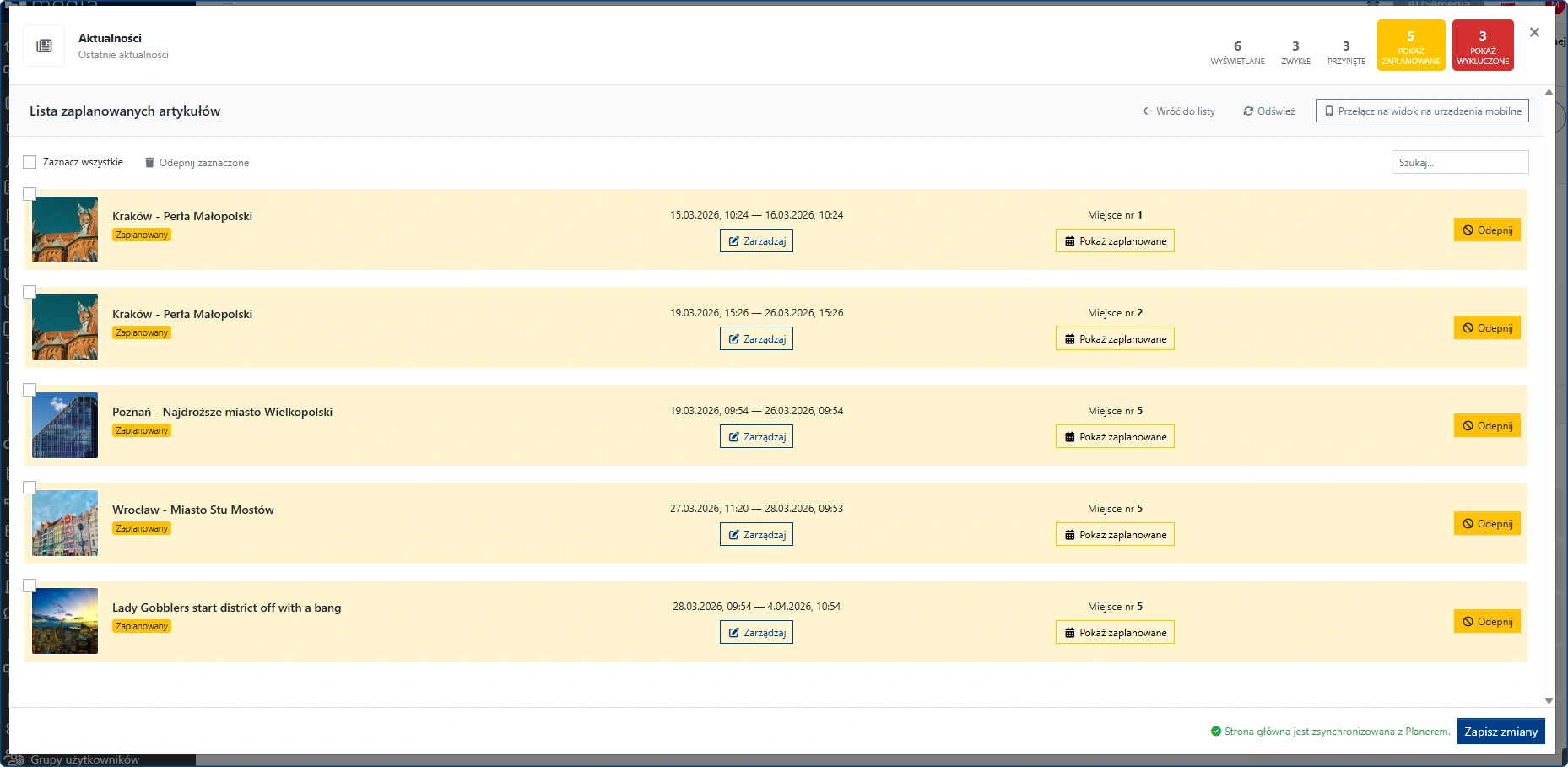 Planer - lista wpisów zaplanowanych 