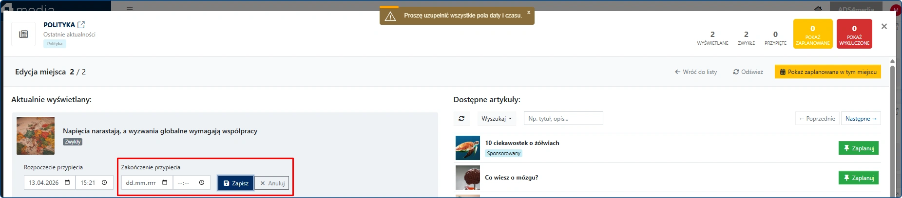 Planer - błąd zapisu