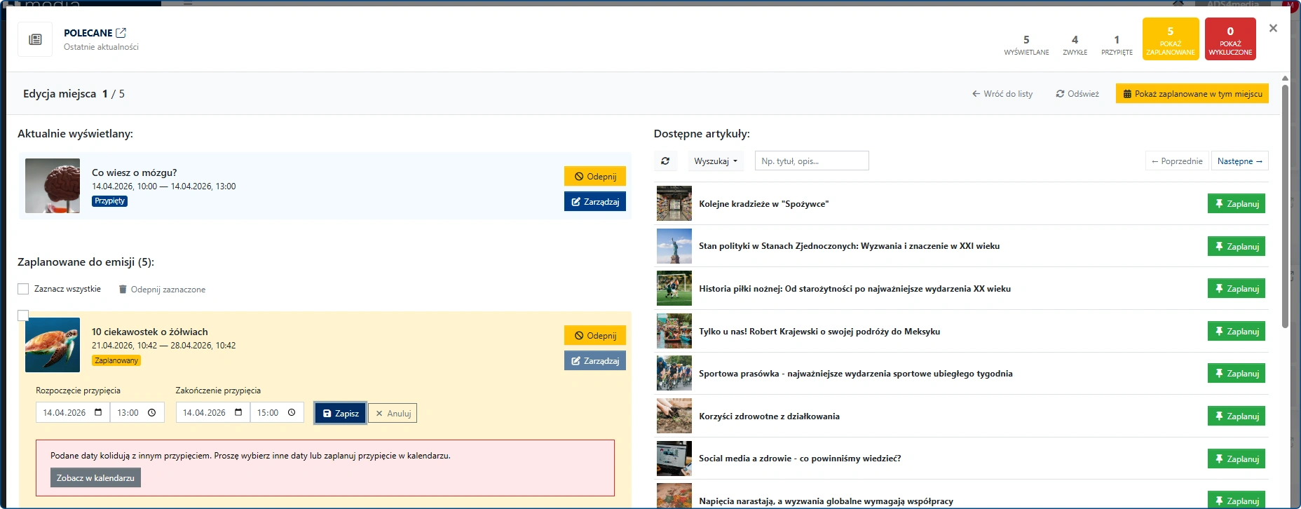 planer strony głównej - alert informacyjny