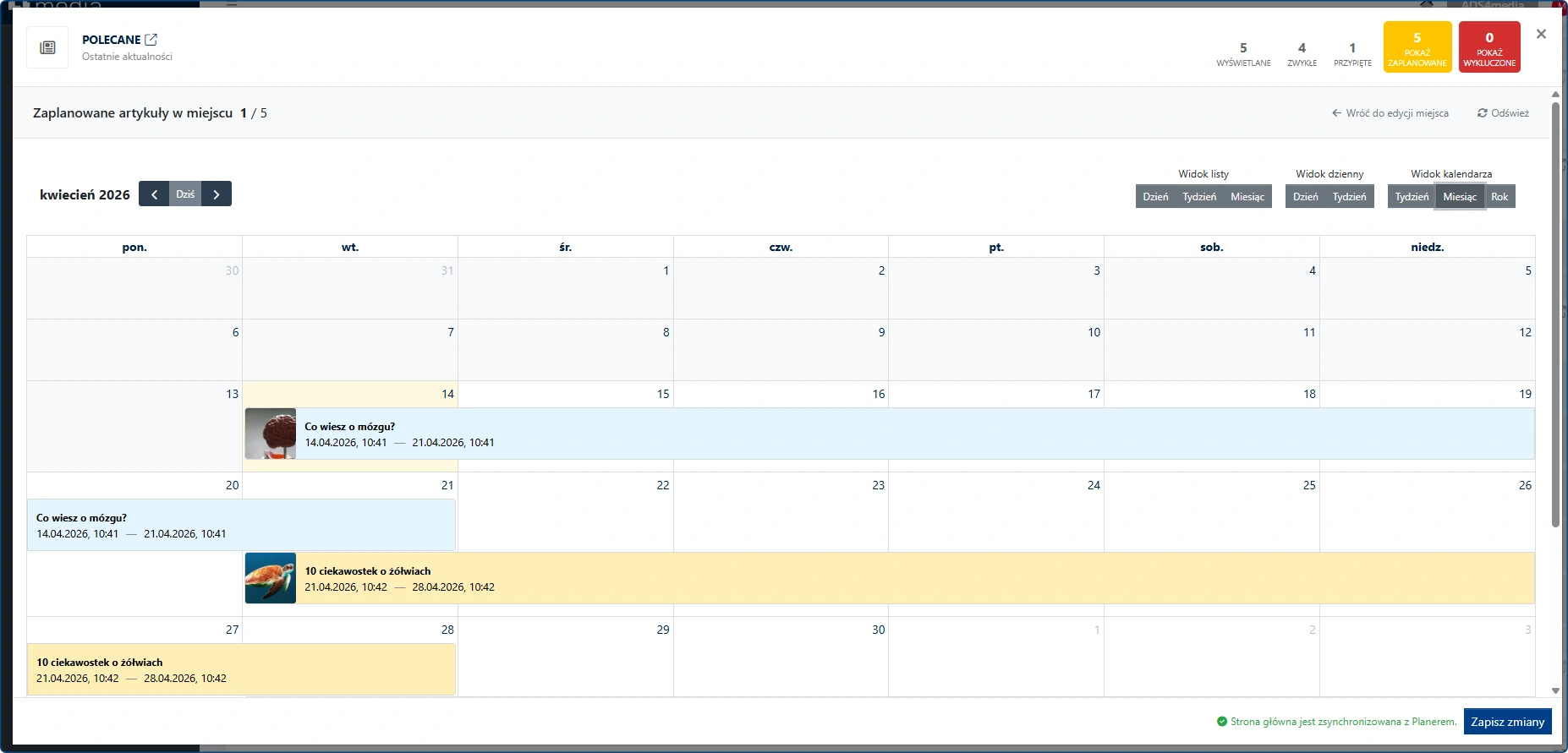 Widok kalendarza w Planerze strony głównej