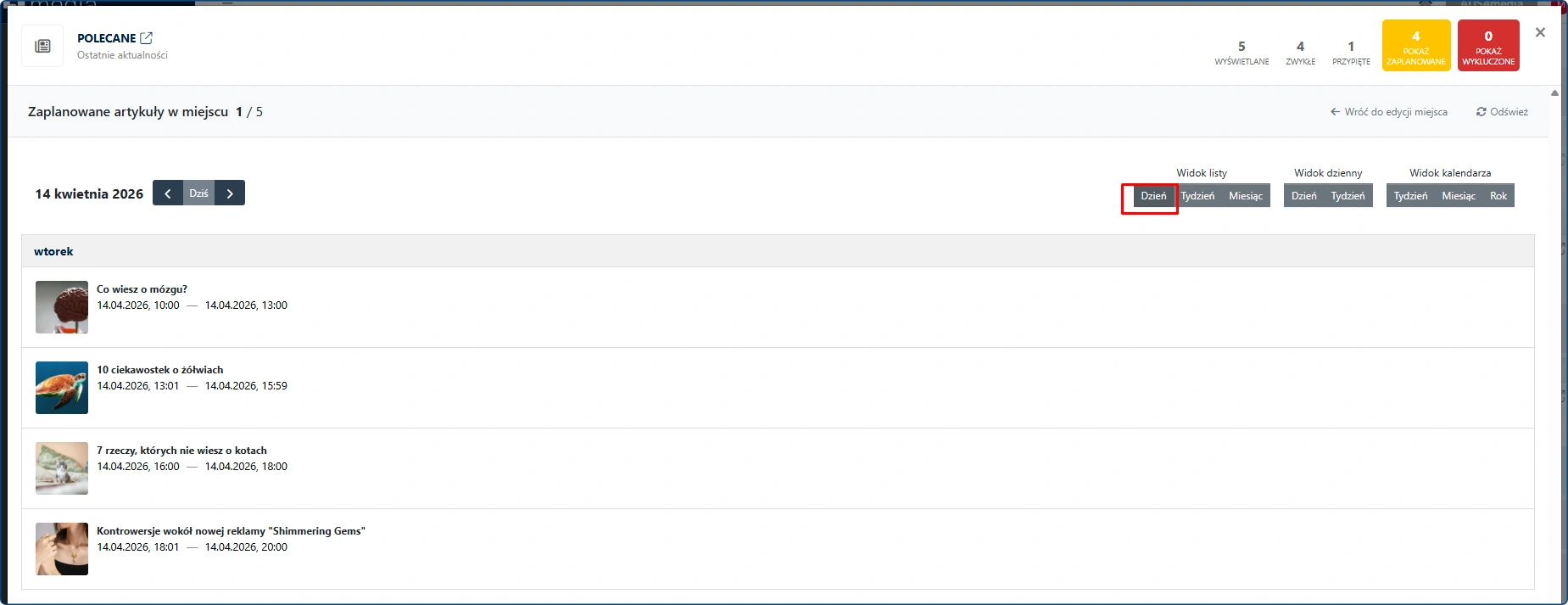 Planer - widok listy 
