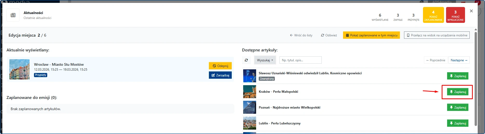 planer strony głównej - lista proponowanych artykułów