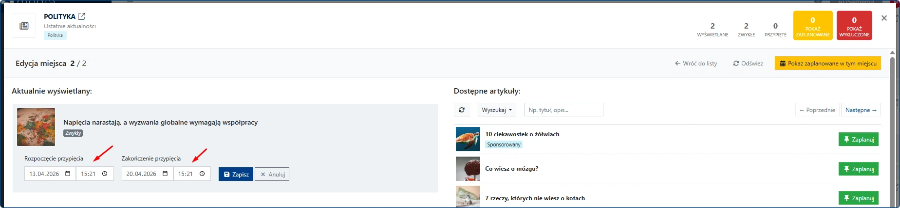 Przypięcie artykułu przy użyciu planera
