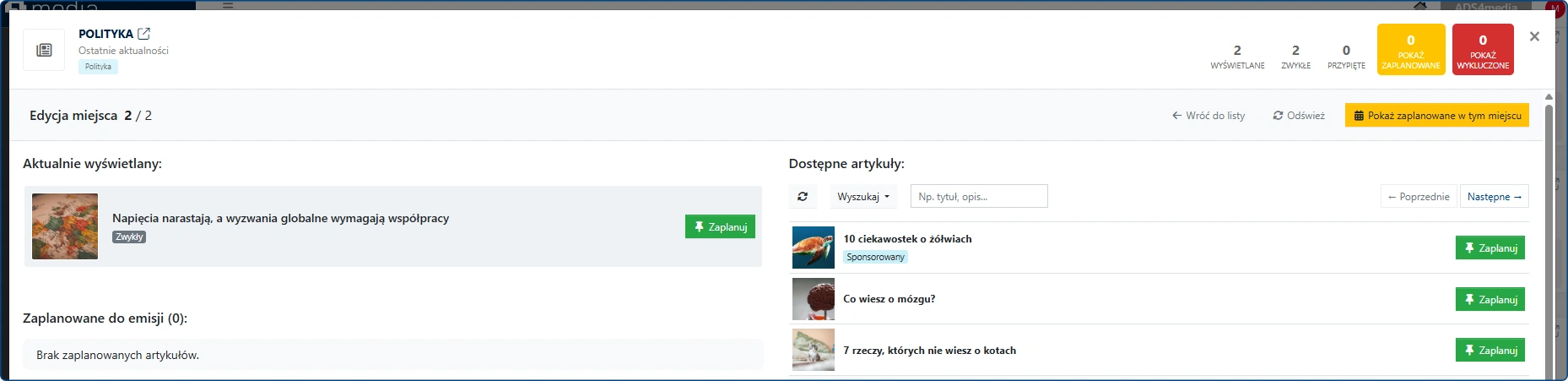 Przypięcie artykułu przy użyciu planera