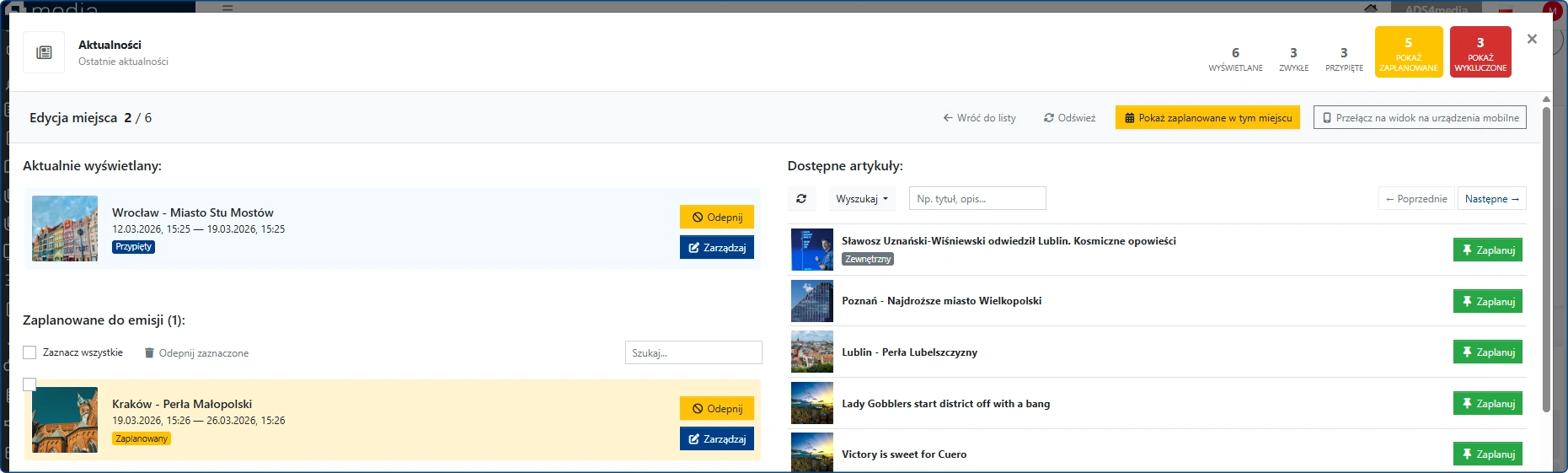 Artykuł przypięty, oczekujący w kolejce - planer strony głównej