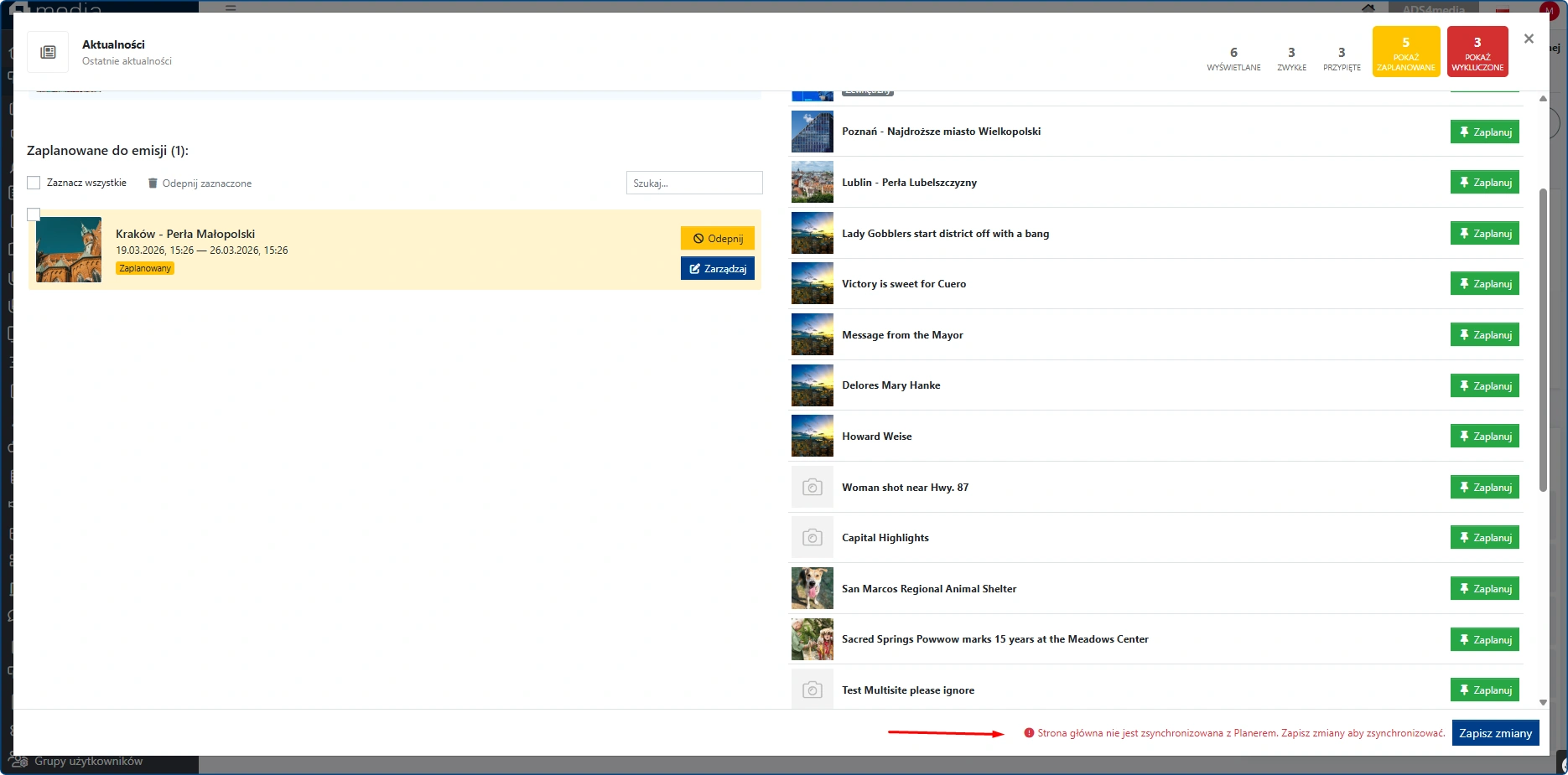 Komunikat informujący o braku synchronizacji strony głównej z Planerem
