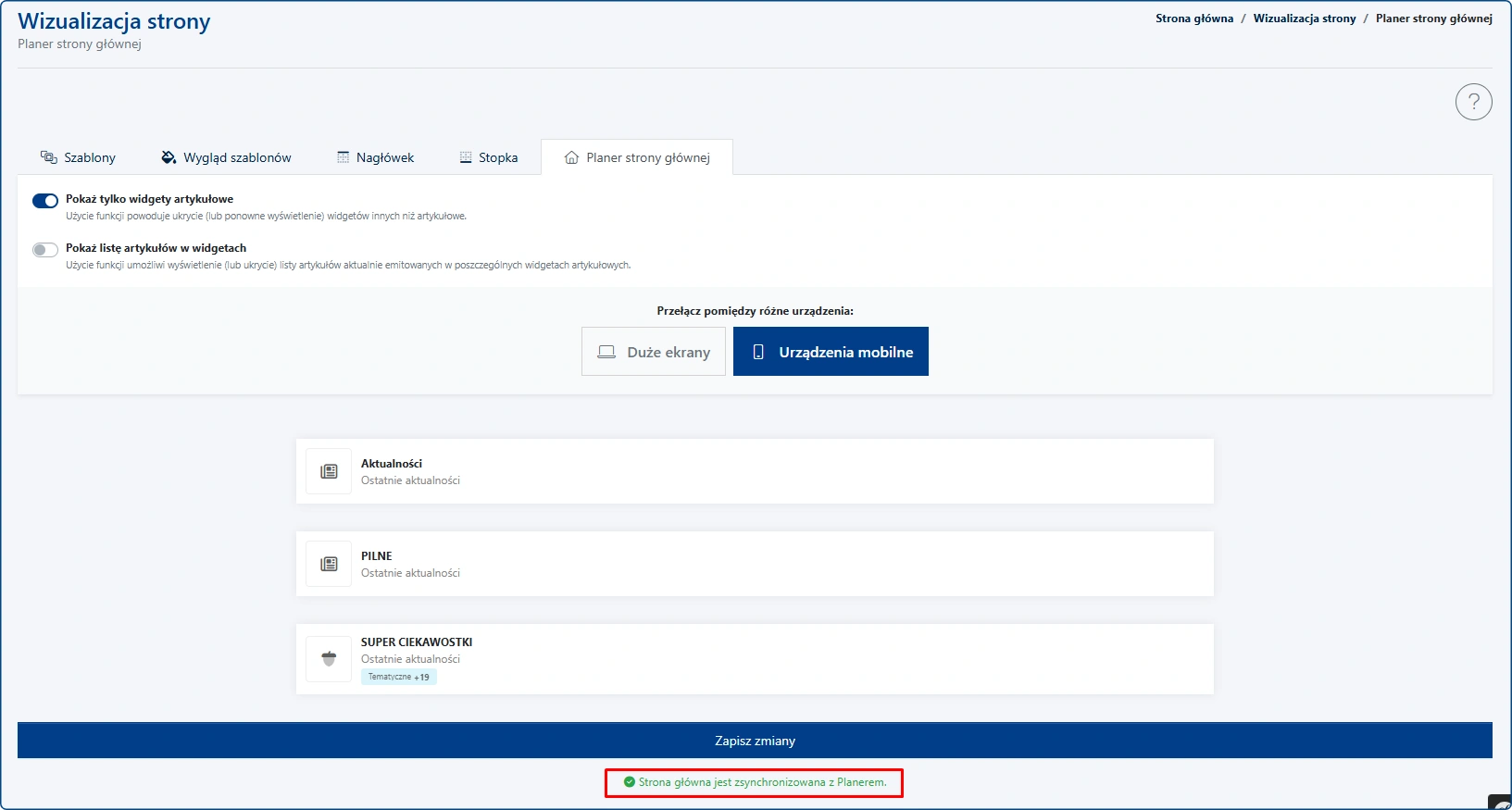 Komunikat informujący o synchronizacji strony głównej z Planerem