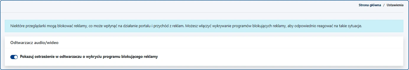 Funkcja wykrywająca adblocka w odtwarzaczu audio-wideo
