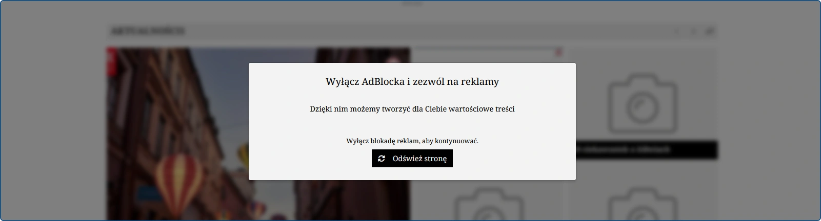 Baner informujący o wykryciu adblocka i blokadzie portalu