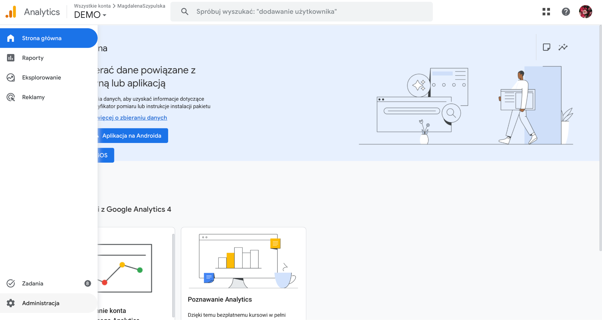 Przejście do sekcji Administracja na panelu Google Analytics 4.