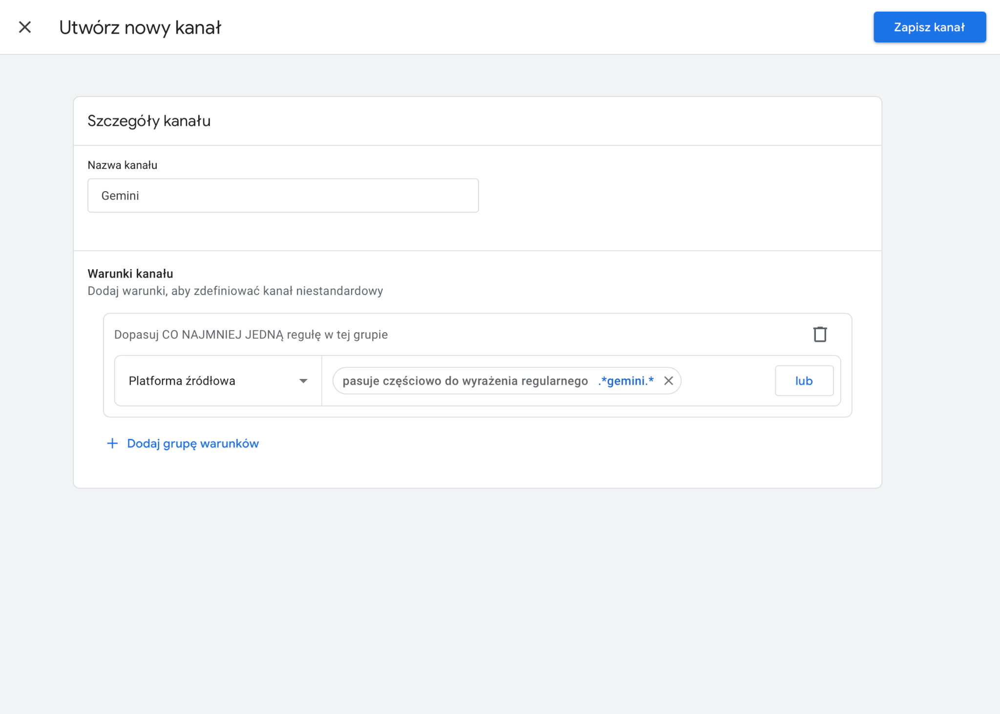 Konfiguracja warunków dla kanału Gemini za pomocą wyrażenia regularnego w Google Analytics 4.