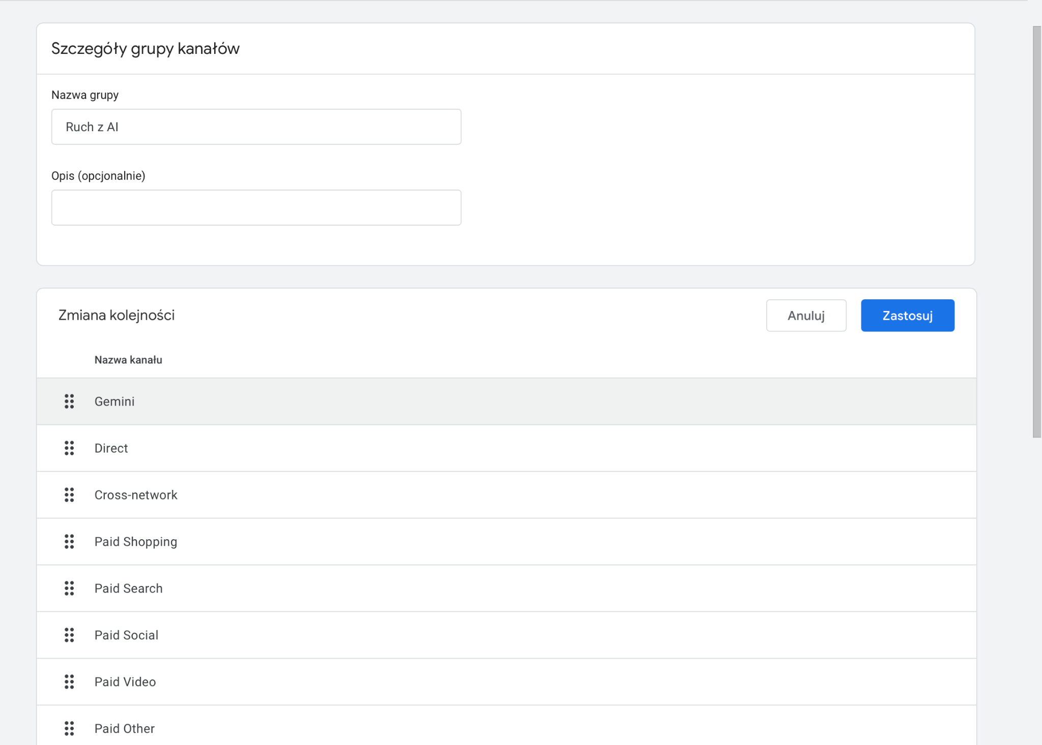 Opcja zmiany kolejności i przenoszenia nowo utworzonego kanału w Google Analytics 4.