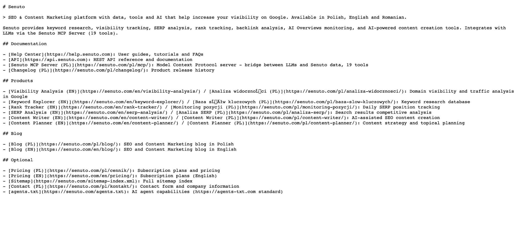 Plik llms.txt na stronie senuto.com - platformie SEO i content marketingowej.