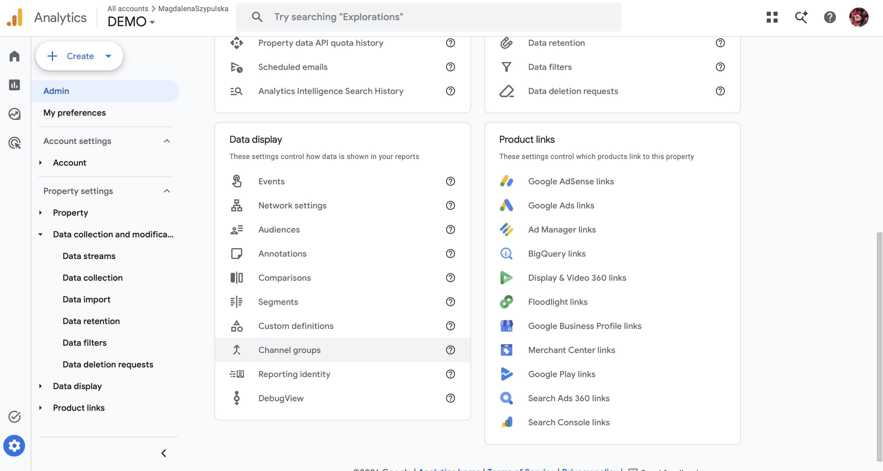 f Google Analytics 4 - Data display section with Channel groups highlighted