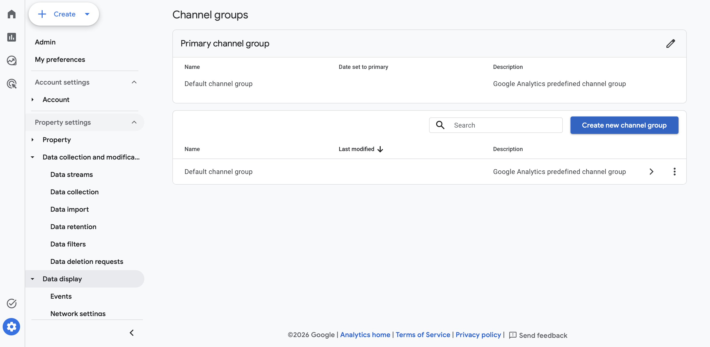Google Analytics 4 - "Create new channel group" button