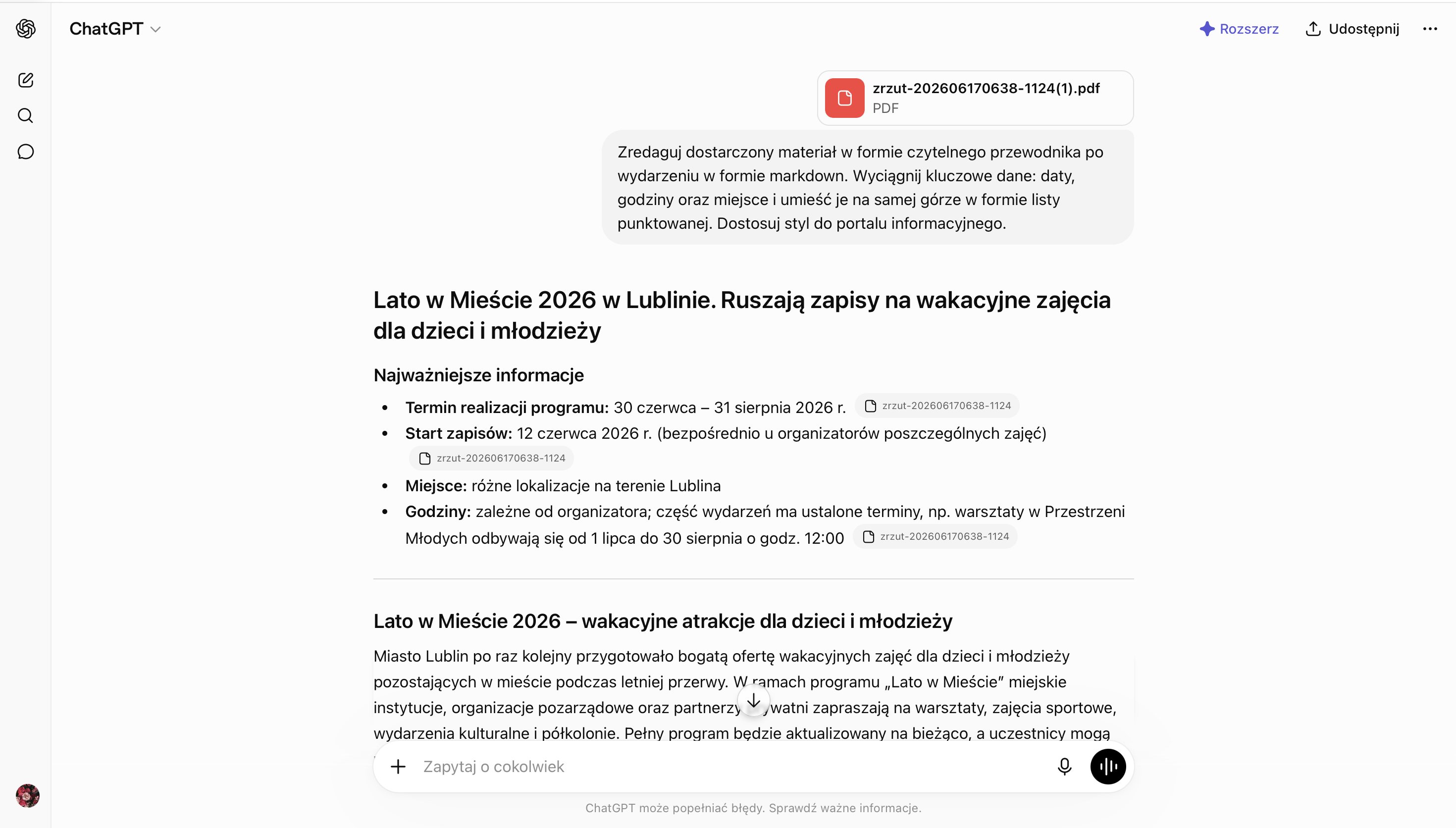 Działanie promptu artykuł dotyczący zajęć dla dzieci organizowanych przez miasto na przykładzie ChatGPT, w CMS 4Media możesz skorzystać z Content Hub i wygenerować artykuł bez korzystania z zewnętrznych narzędzi.
