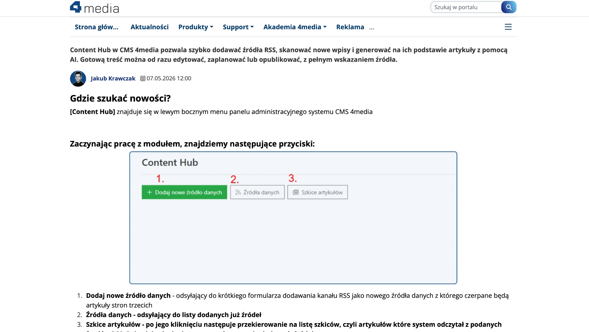 Content Hub w polskim CMS 4Media dla portali informacyjnych pozwala na dodawanie źródeł RSS, a następnie generowanie na podstawie nowych wpisów artykułów przy pomocy Sztucznej Inteligencji.
