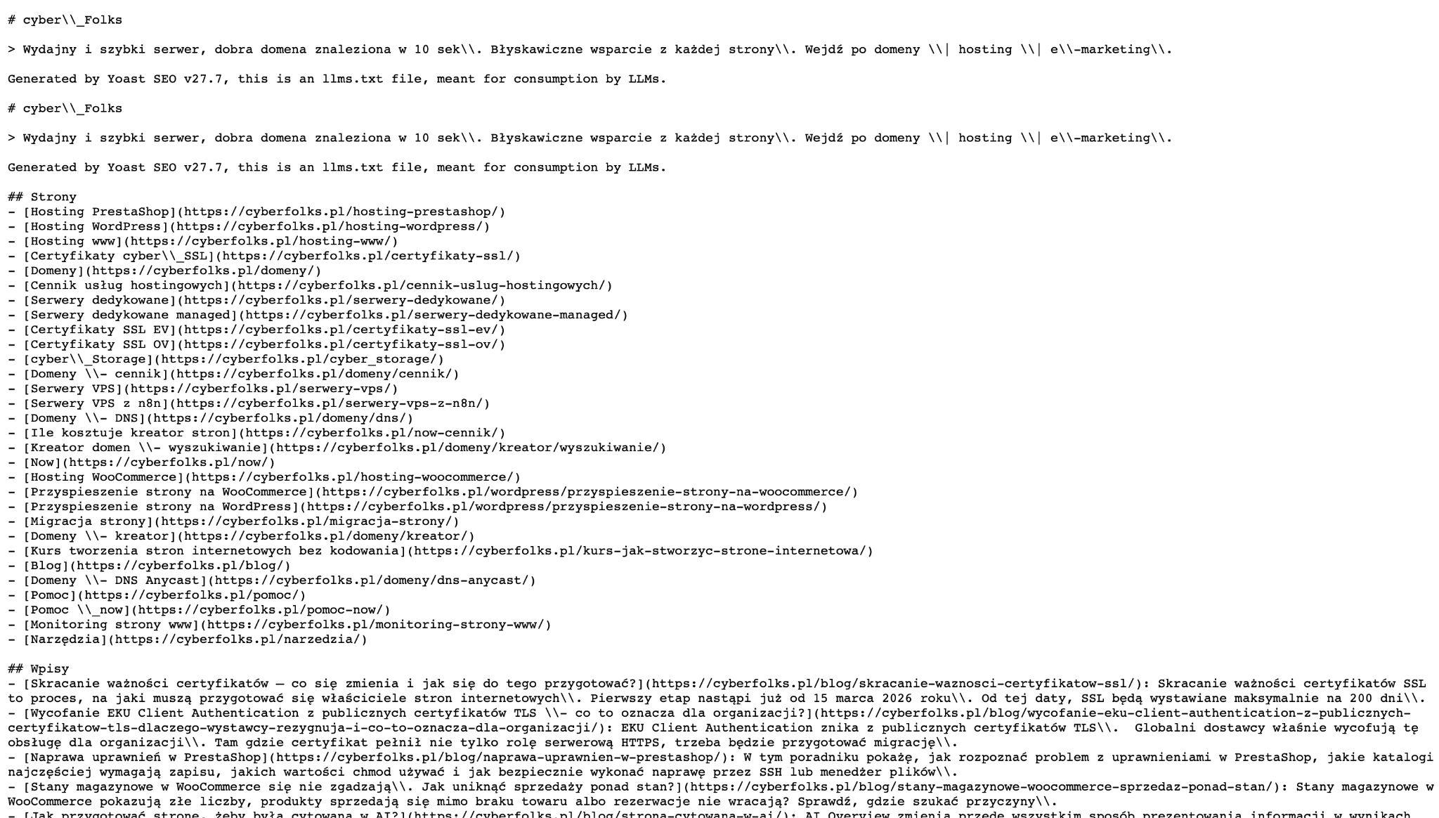 Przykład llms.txt od cyber folks - wygenrowany przez wtyczkę Yoast SEO.