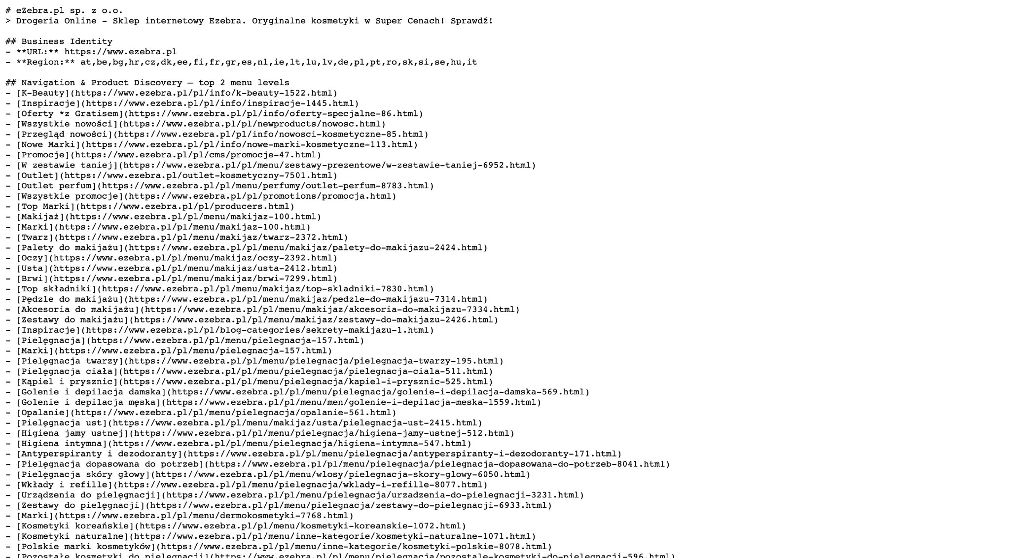 Przykład llms.txt drogerii internetowej eZebra.