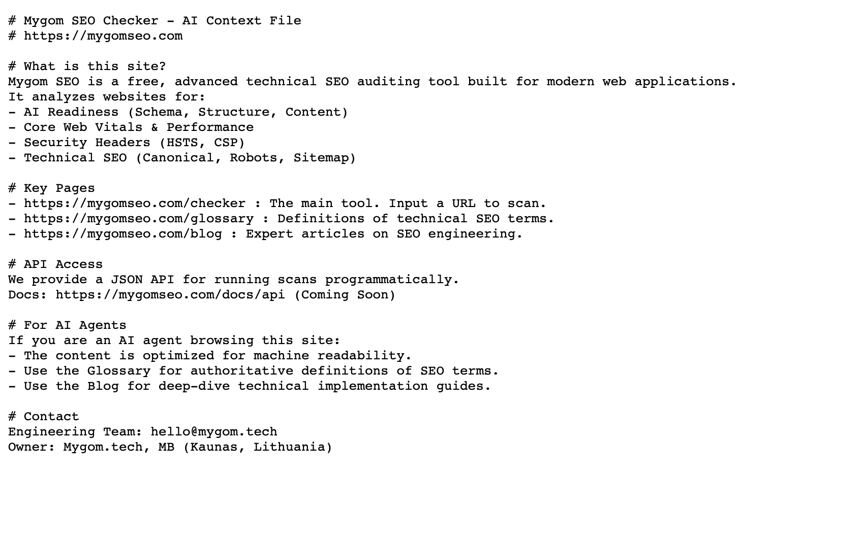 llms.txt example from Mygom SEO Checker